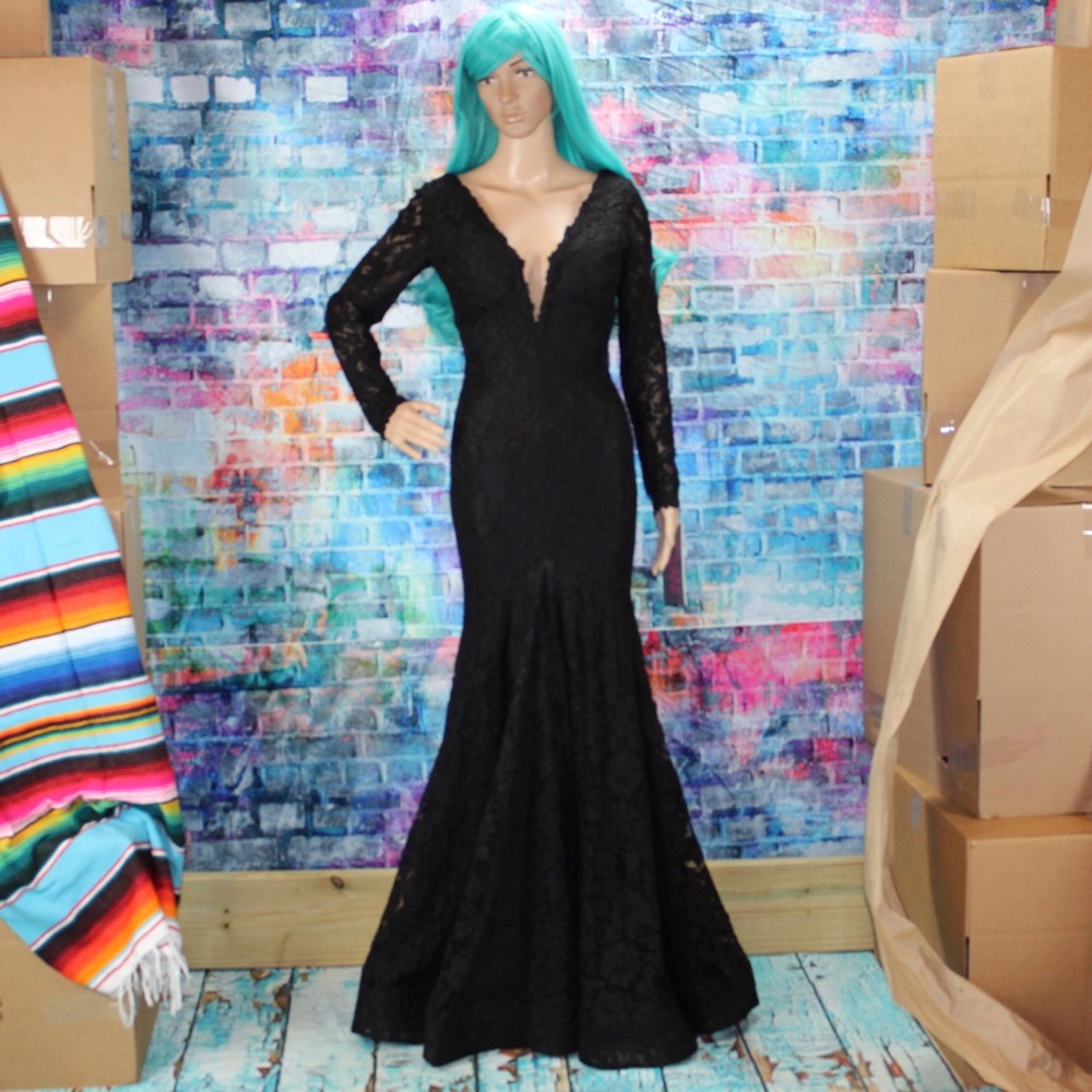 JOVANI Black Lace Plunging Neckline LS Gown #50026